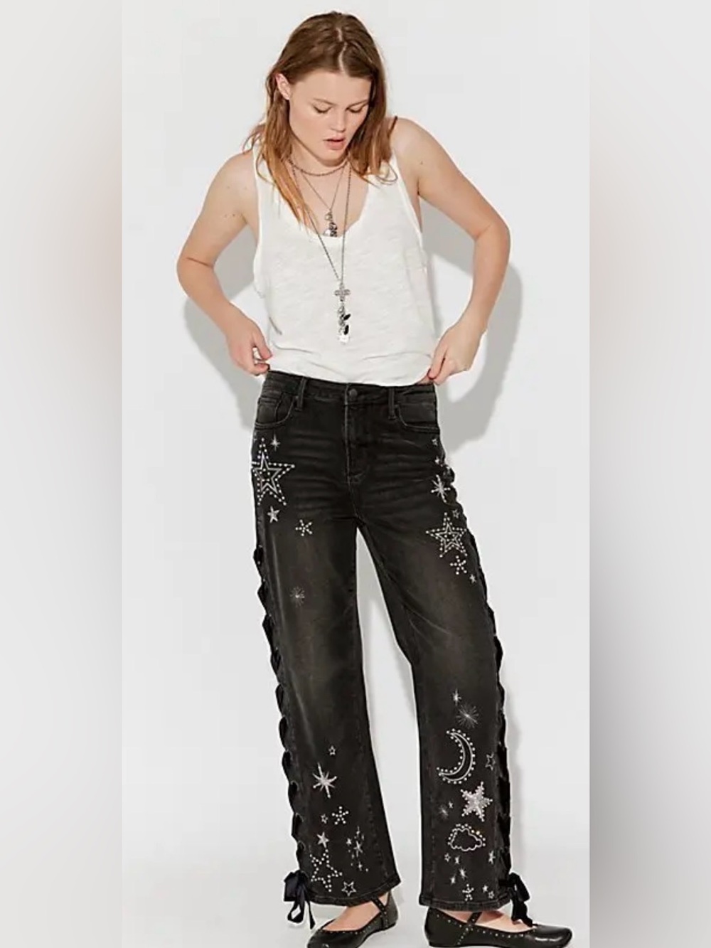 Free People Driftwood Lacy Jeans Star Celestial Moon Embroidered Size 27 Black